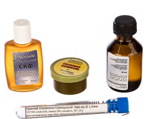 Набор для пайки № 2 (припой ПОС-61 с каниф. 10гр.; каниф.сосн. 20гр.; кислота паял. 30мл; флюс СКФ 3