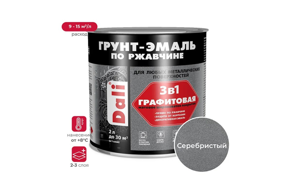 Грунт-эмаль "DALI" по ржавчине 3 в 1 графитовая, серебристый (Рогнеда) 2л 