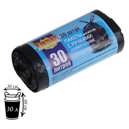 Мешки для мусора 30л/30шт,11мкм,ПНД,ручки,пакет, КРЕПАК