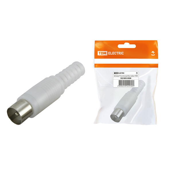 Штекер TV антенный пласт. без пайки белый, инд. упаковка TDM (кр.100шт)