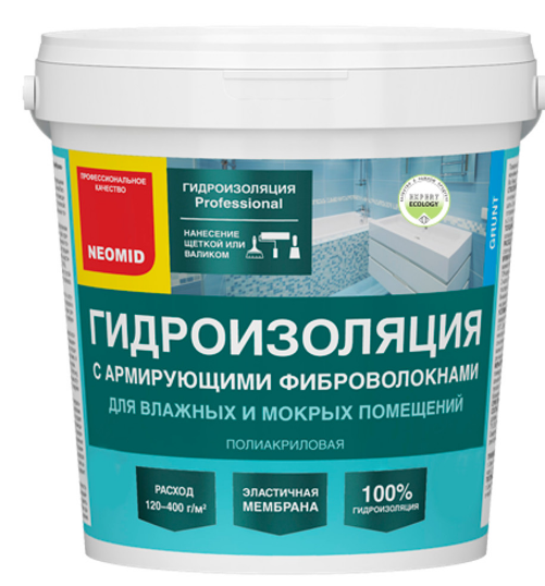 Неомид Гидроизоляция с армирующими фиброволокнами для влажных и мокрых помещений  (1,3 кг)