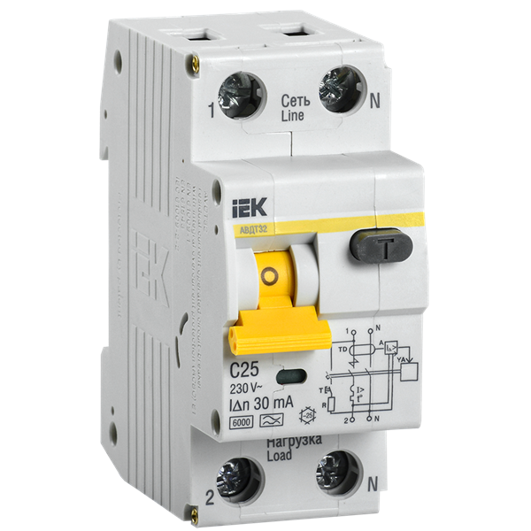 Выключатель авт. диф. тока 1п+N 2мод. C 25A 30mA тип A 6kA АВДТ-32 ИЭК MAD22-5-025-C-30