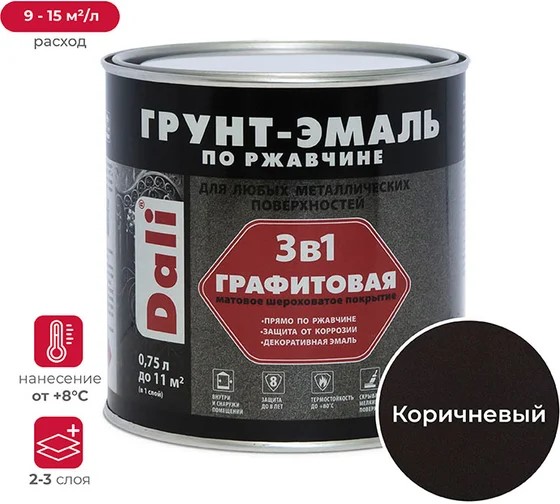 Грунт-эмаль "DALI" по ржавчине 3 в 1 графитовая, коричневый (Рогнеда) 0,75,0л 