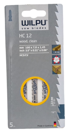 Пилки для лобзика "WILPU" HC12D (T101B) (5шт) HCS, древесина, ламинат, ДВП до 30мм, чистый рез, обр