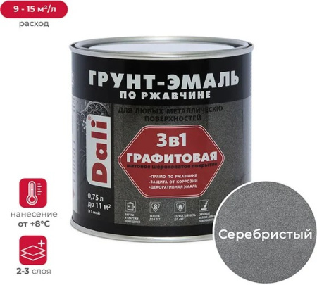 Грунт-эмаль "DALI" по ржавчине 3 в 1 графитовая, серебристый (Рогнеда) 0,75л 