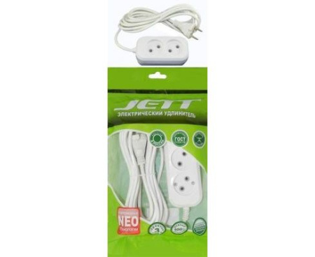 Сет. удл. Jett (ДЖЕТТ) ПВС 2х0.75 2 роз.  3 м 10А белый РС-2