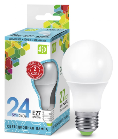 Лампа светодиодная LED-A60-standart 24Вт 230В Е27 3000К 2160Лм ASD