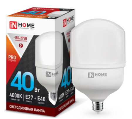 Лампа сд LED-HP-PRO 40Вт 230В Е27 с адаптером E40 4000К 3800Лм IN HOME