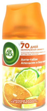 Сменный аэроз. баллон к авт. освеж. воздуха "Айр Вик" Анти табак/Бергамот+Апельсин
